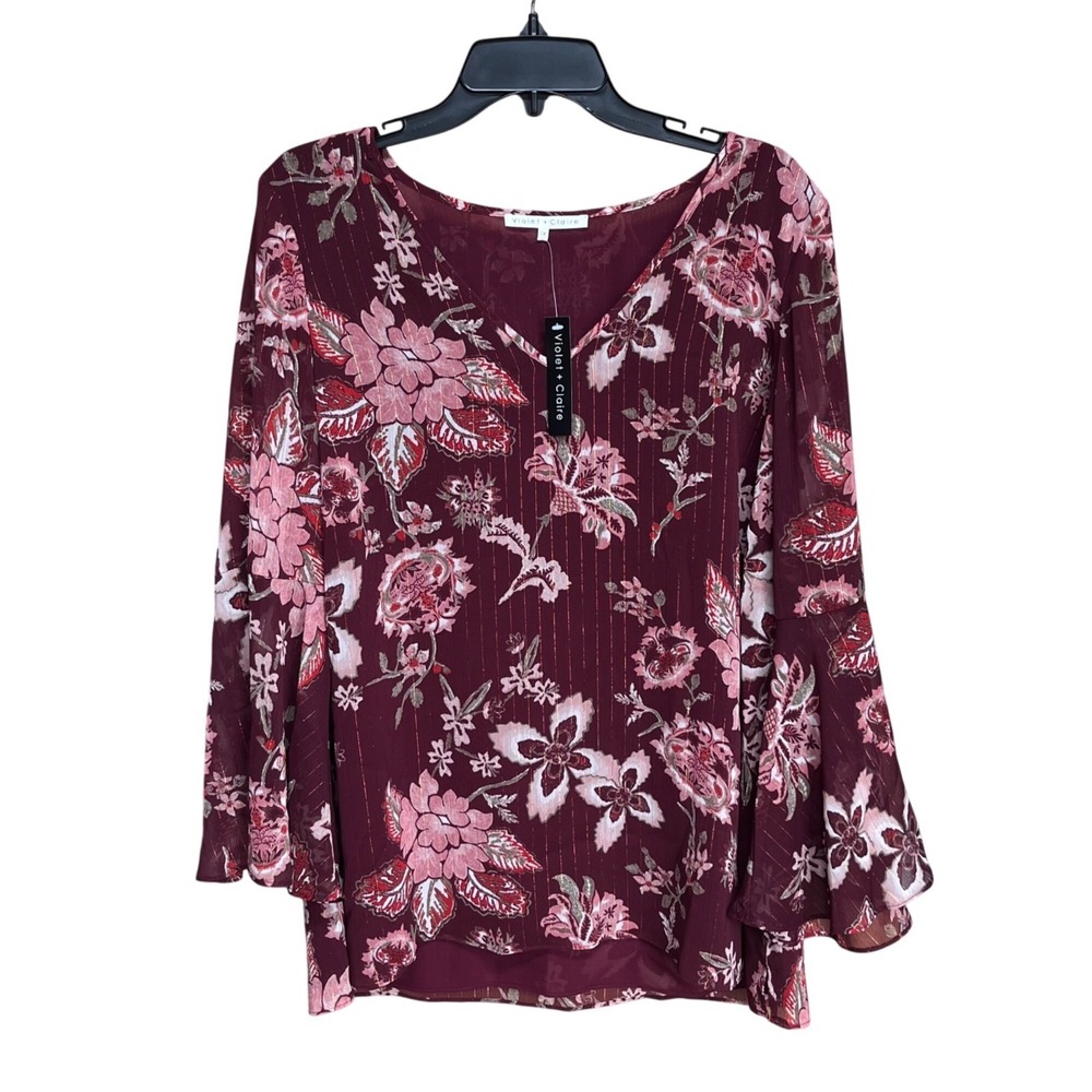 Violet‎ + Claire Floral Burgundy V-Neck Blouse 1X Bell Sleeve Fairygoth Boho